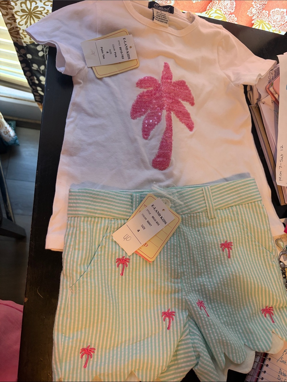 Girls White Tee & Mint Striped Shorts Set with Pink Palm Trees size 4 nwt